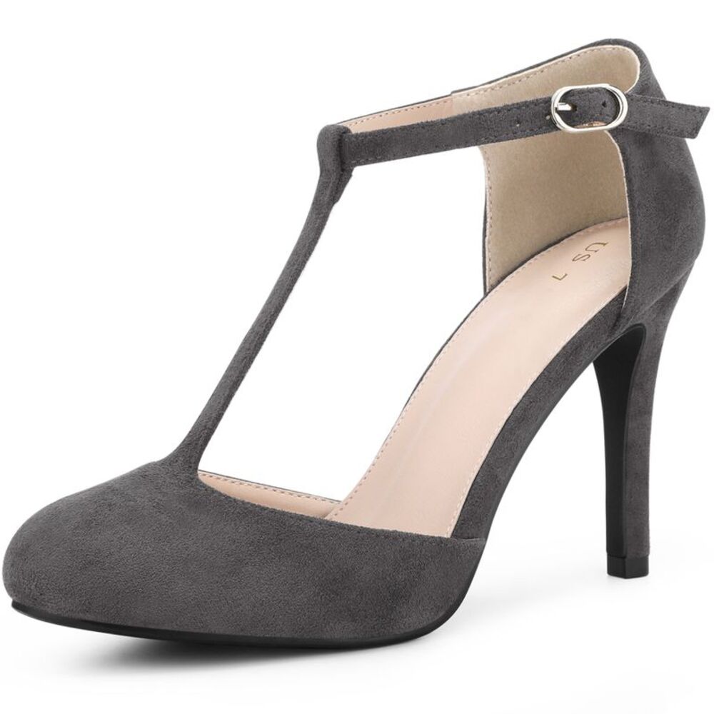 Rounded Toe Stiletto Heel T-Strap Pumps Gray